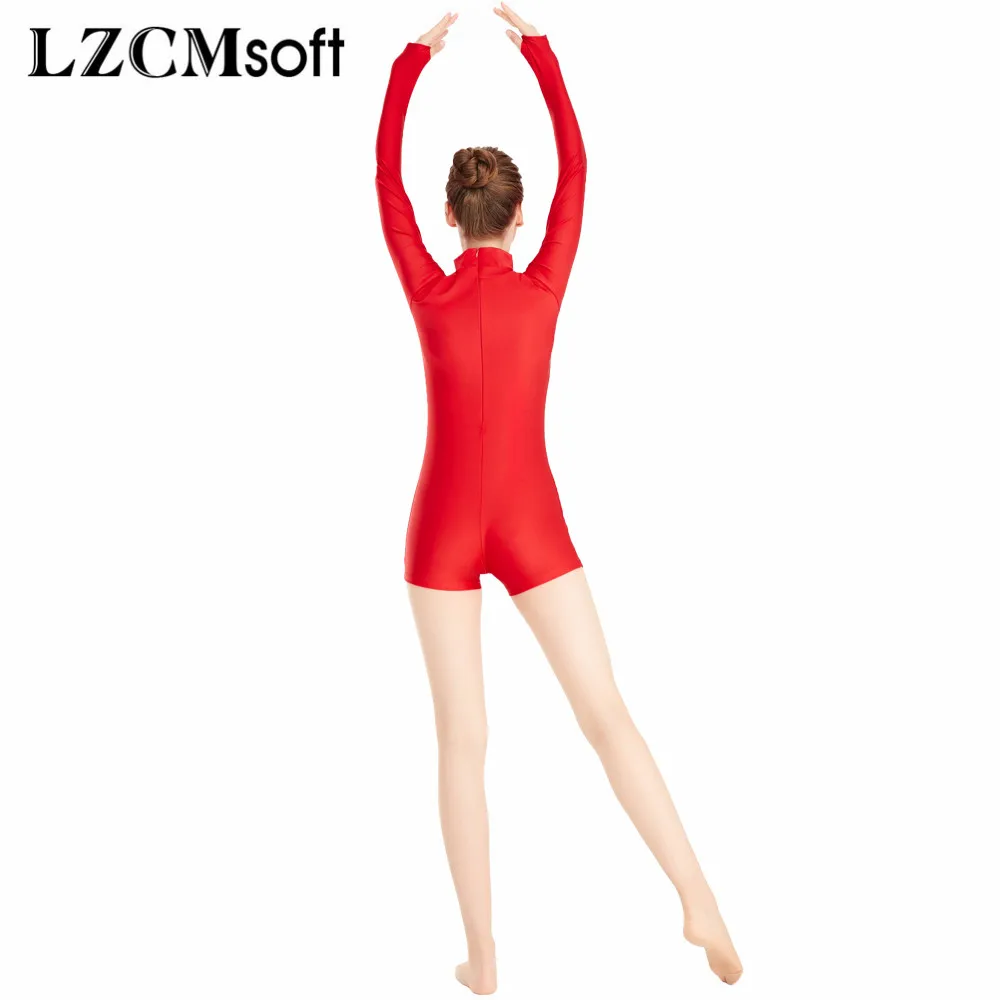 LZCMsoft Adult Mock Neck Biketards with Thumbholes Back Zip Spandex Long Sleeve Short Unitard Women\'s Ballet Dance Leotards