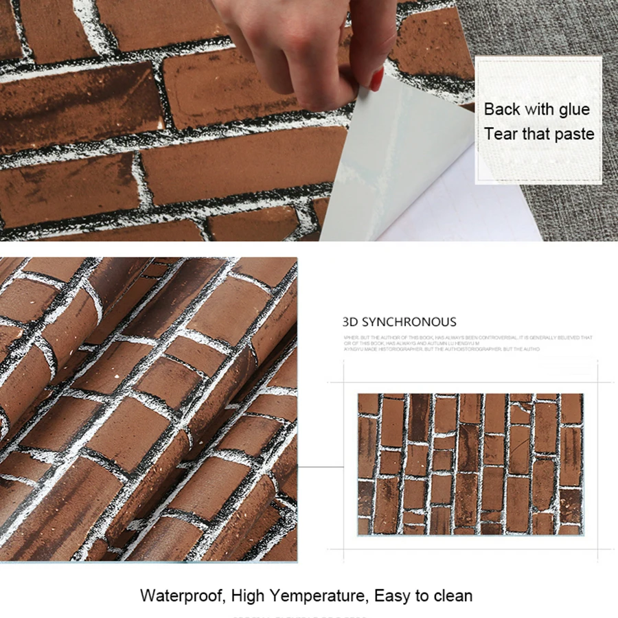 PVC Self-Adhesive Brick Pattern Wall Stickers Waterproof Moisture-Proof Retro Decorative Film Restaurant Background Wallpaper