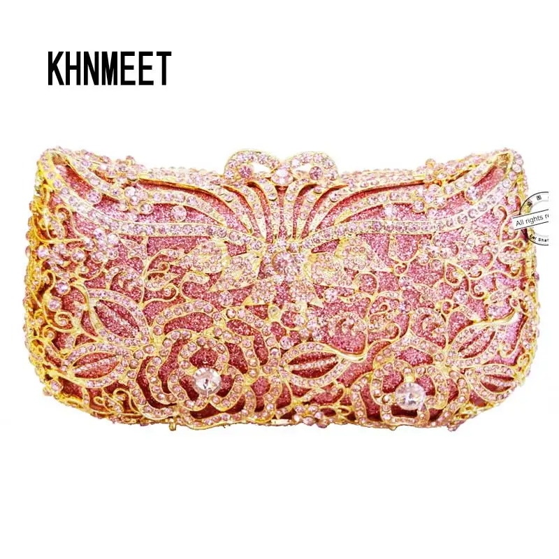 

LaiSC Luxury Crystal Clutch Pink Evening Bag Diamante Handmade Party Girl Clutch Bag Prom Day Clutches Party Purse handbag SC227