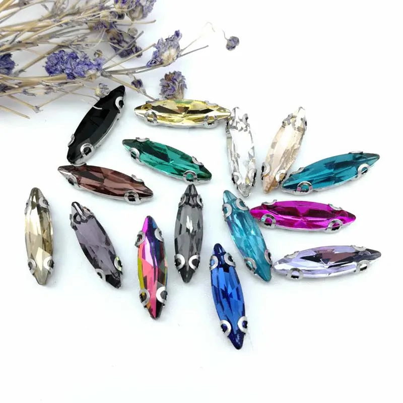 Horse eye 4*15mm  Crystal Glass Sew-on Rhinestones Silver or Gold Bottom with Four claws DIY Women\'s Dresses 20pcs