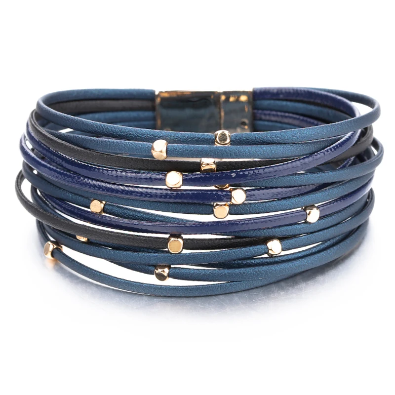 ALLYES, pulseras de cuero genuino con cuentas de Metal para mujeres y hombres, tiras delgadas a la moda, pulsera envolvente ancha multicapa Bohemia, joyería para mujer