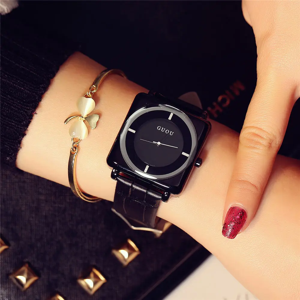 

Fashion Guou Square Dial Wrist Watches Women Casual Dress Simple Leather Quartz Ladies Wristwatch Clock Zegarki Damski Black