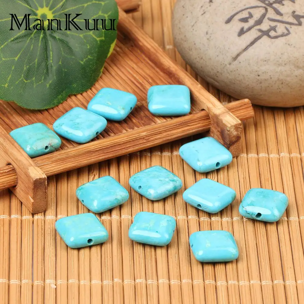 Mankuu 12mm Flat Square Turquoises Beads BlueTurquoises Stone Beads For Jewelry Making Wholesale Loose Beads 20pcs/Lot