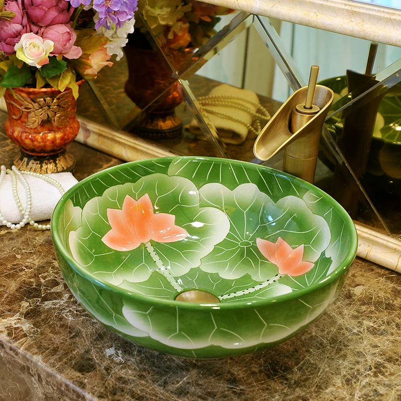 

Lotus pattern Europe style china washbasin sink Jingdezhen Art Counter Top ceramic bathroom sink sink bathroom ceramic