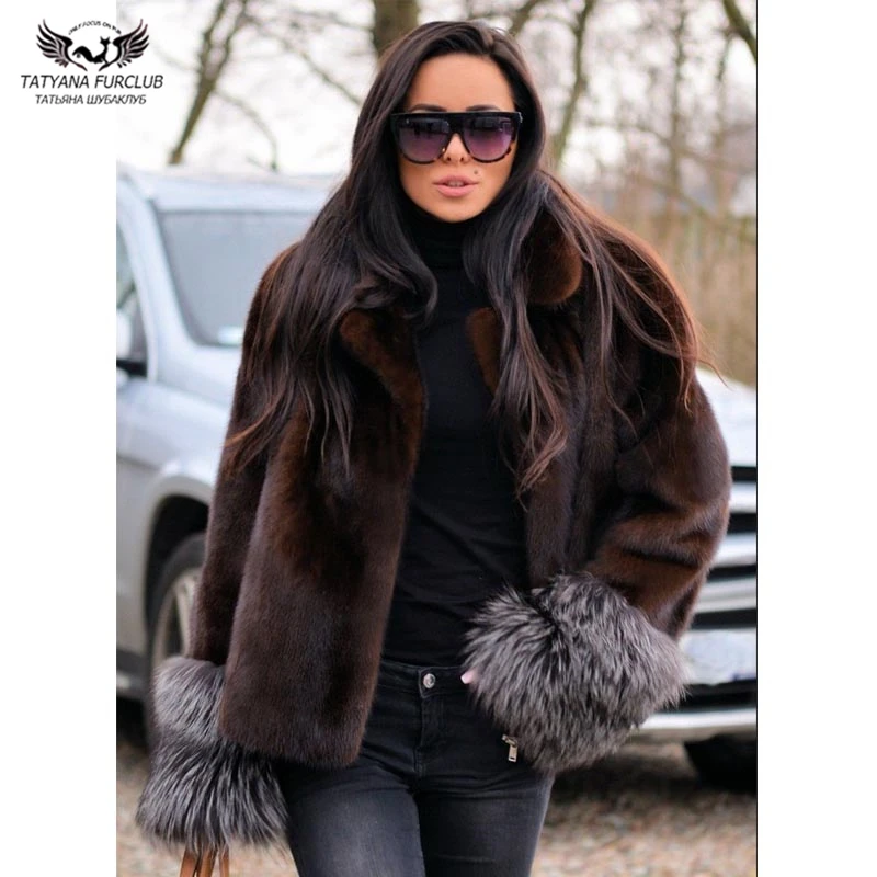 Fashion Short Mink Fur Jackets With Silver Fox Fur Cuff Luxury High Quality Mink Fur Coat Trendy Fur Overcoats Winter 2024 New