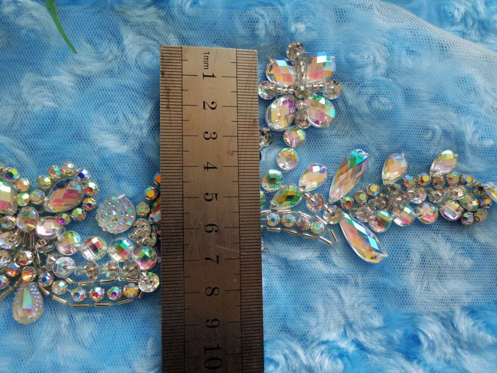 ZBROH Free shipping hand made  crystal patches  sew on clear AB colour Rhinestones applique  32*8cm for top dress belt