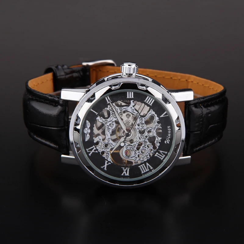 New Winner Hot mechanical Brand men hand wind Skeleton watches male Dress fashion clock style black gold blue color leather band