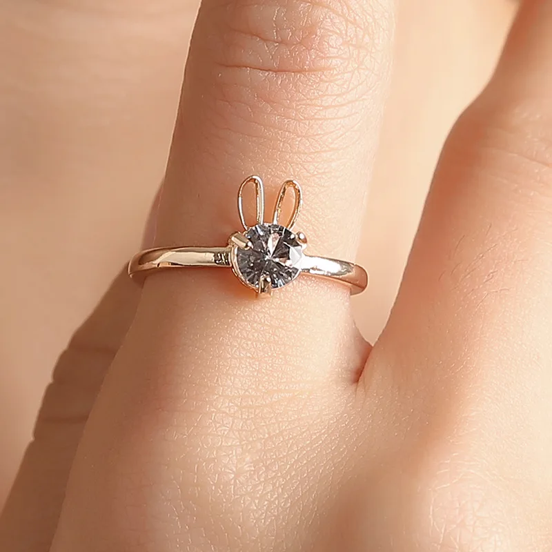 Adjustable Sweet Lovely Rabbit Shape Zircon Hollowed-Out Ears Silver Plated Rose Golden Rings For Women