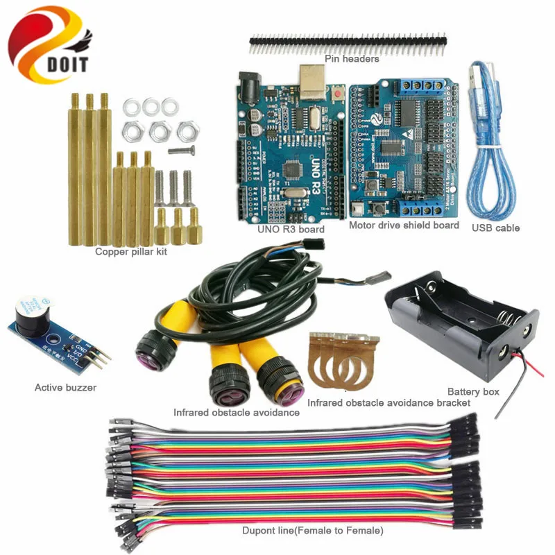 

DOIT IR Obstacle Avoidance Kit with UNO R3 Board+Motor Drive Board+IR Obstacle Avoidance Sensor+Active Buzzer for Arduino