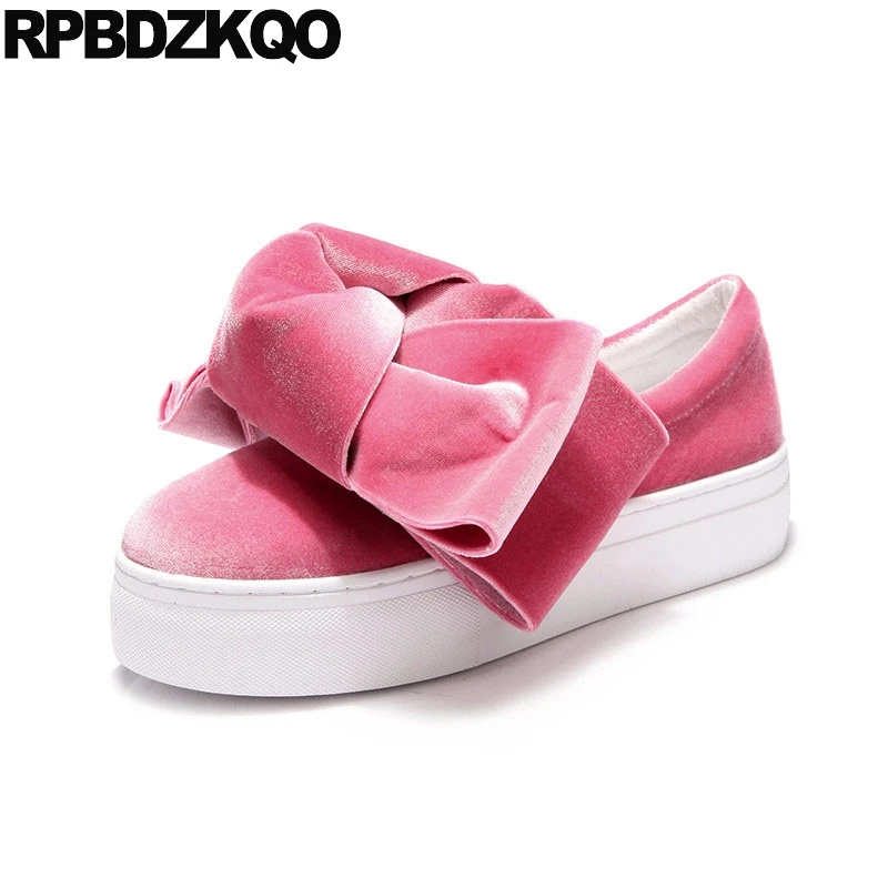 Kawaii Designer Shoes Women Luxury 2021 Big Bow Creepers Elevator Platform Velvet Peach Flats Cute Japanese School Thick Sole