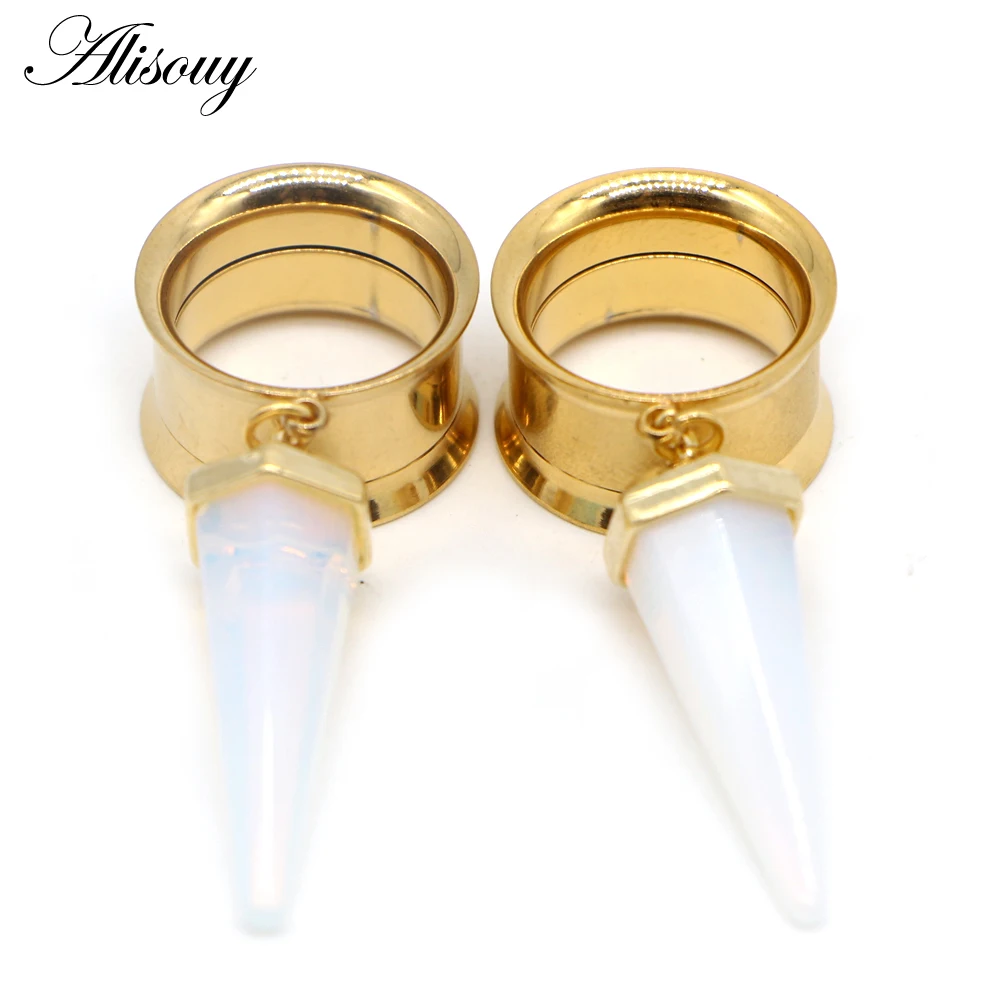 Alisouy 2pcs Surgical Steel Opal Purple Stone Ear Plug Tunnel Expander Ear Gauges Cone Internally Thread Piercing Body Jewelry