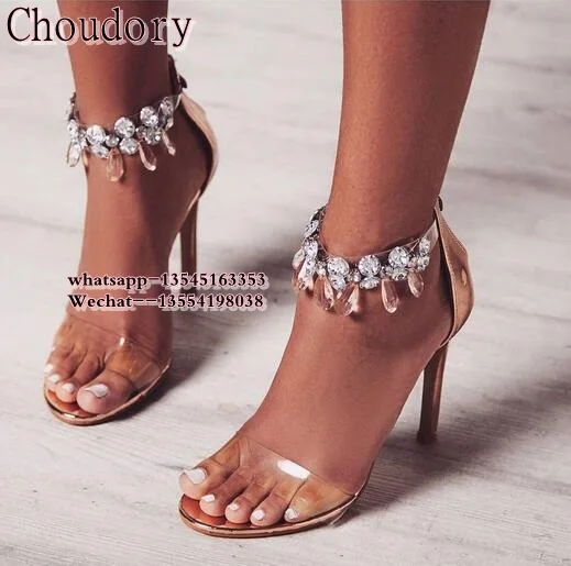 

New Luxury Women's Rhinestone Deco Sandals Shoes Female Crystal Wedding Party High Heels Summer Style Transparent PVC Women Shoe