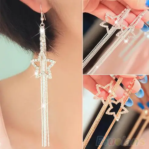 Women's Rhinestone Earring Pentacle Star Drop Long Tassels Chain Hook Dangle Linear Earrings Jewerly 2J7G