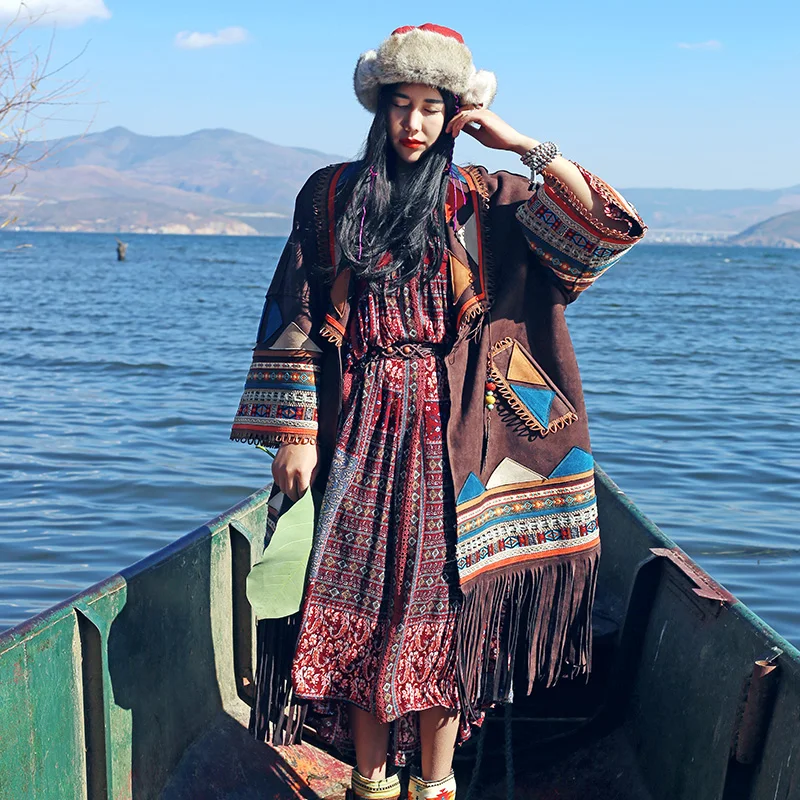 2021 Long Knee Length National Suede Vintage Loose Plus Size Coat Spring And Autumn Appliques Embroidery Outerwear With Tassels