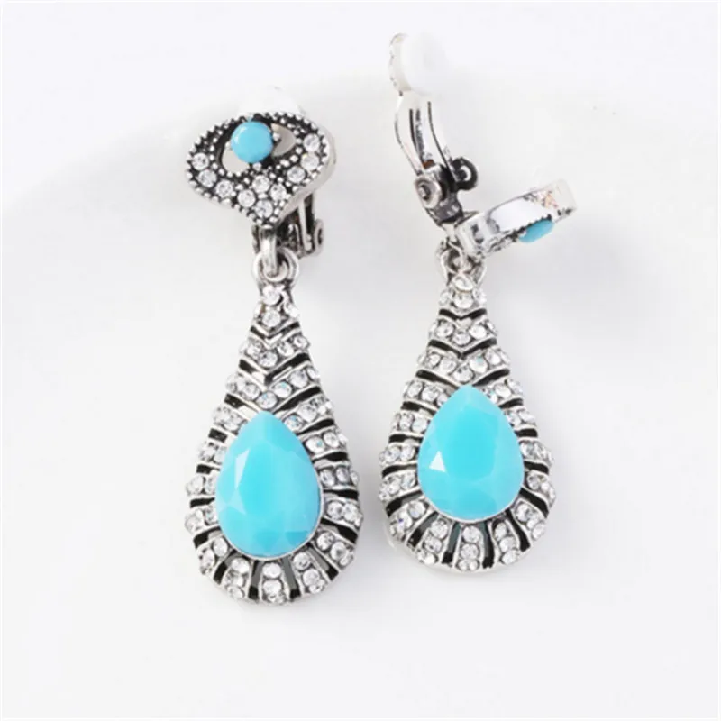 Turkish Style Vintage Crystal Earrings No Hole Black Long Bohemian Ear Cuff Clips Earrings Without Pierced Ear Clip For Women