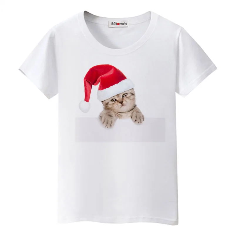 Christmas cat T-shirt cute lovely little cat printing shirts original brand casual tops tees funny Christmas shirt for women