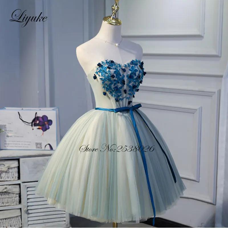 Liyuke Heart Appliques On Bust Part With Belt Prom Dress  A Line Strapless Party Dress Knee-Length Dress