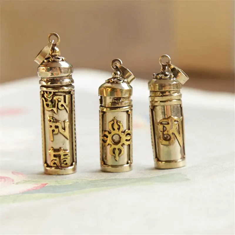 TGB088 Tibetan Mantras Amulet Prayer Box White Metal Copper Cylinder Pendant OM KALACHAKRA DORJE