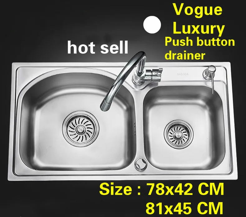 

Free shipping Household kitchen double groove sink push button drainer luxury 0.8 mm 304 stainless steel hot sell 78x42/81x45 CM