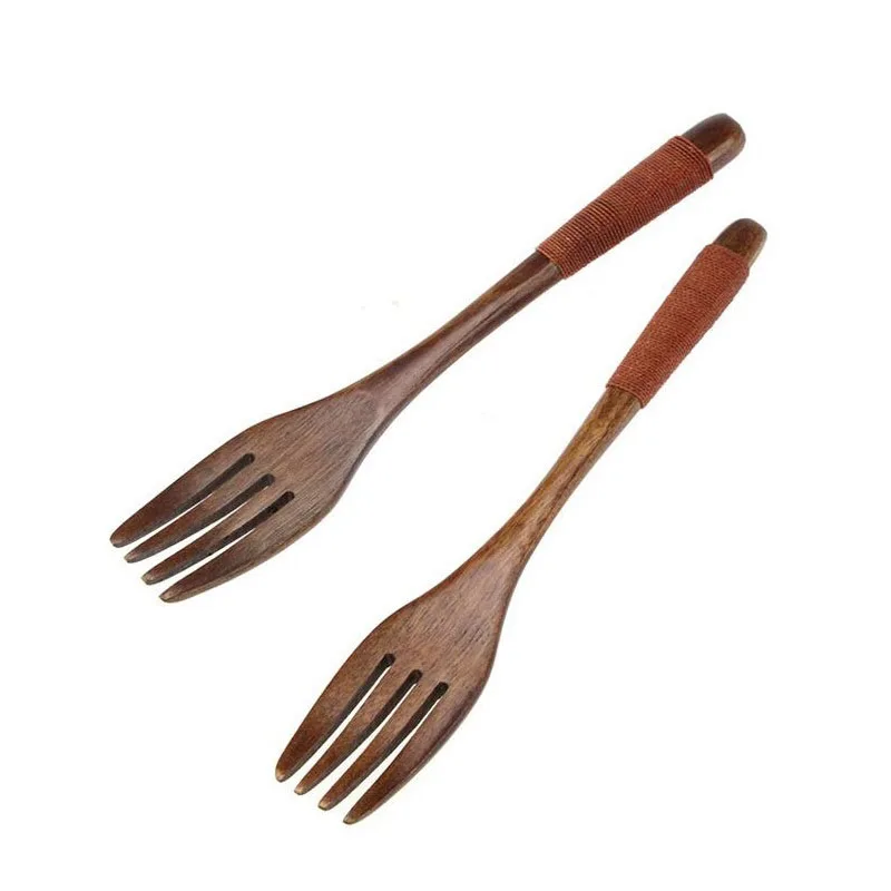 300pcs Kitchen Tableware Dinner Wooden Cutlery Forks Tie line Four Prongs Fruit Dessert Forks Utensils Party Gift ZA5183