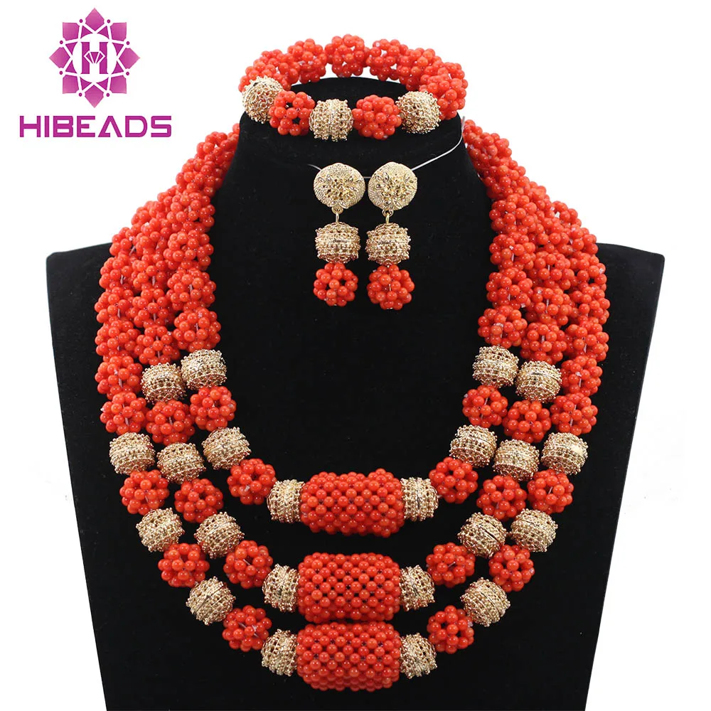 

Luxury Fashion Coral Costume Jewelry New Handmade Coral Beads Balls Wedding Jewelry Set Nigerian Brides Free Shipping ABH233