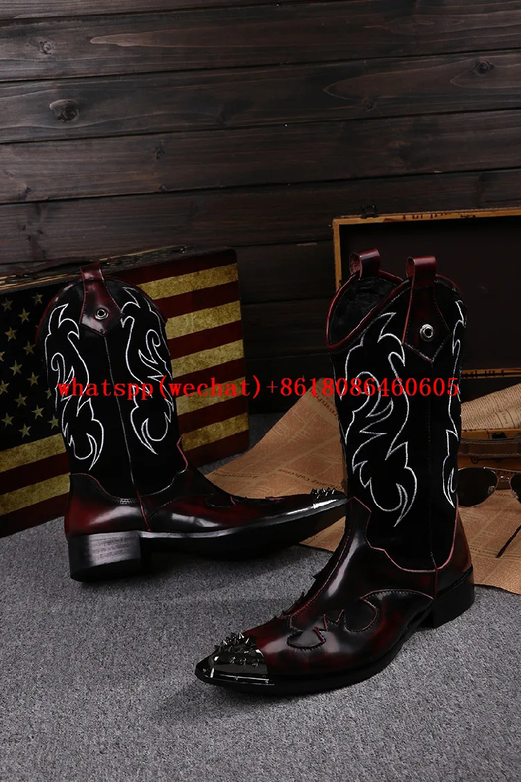 New Steel Toe Metal Botas Masculina Mens Knee High Boots Handmade High Heels Cowboy Boots Studded Mens Dress Boots