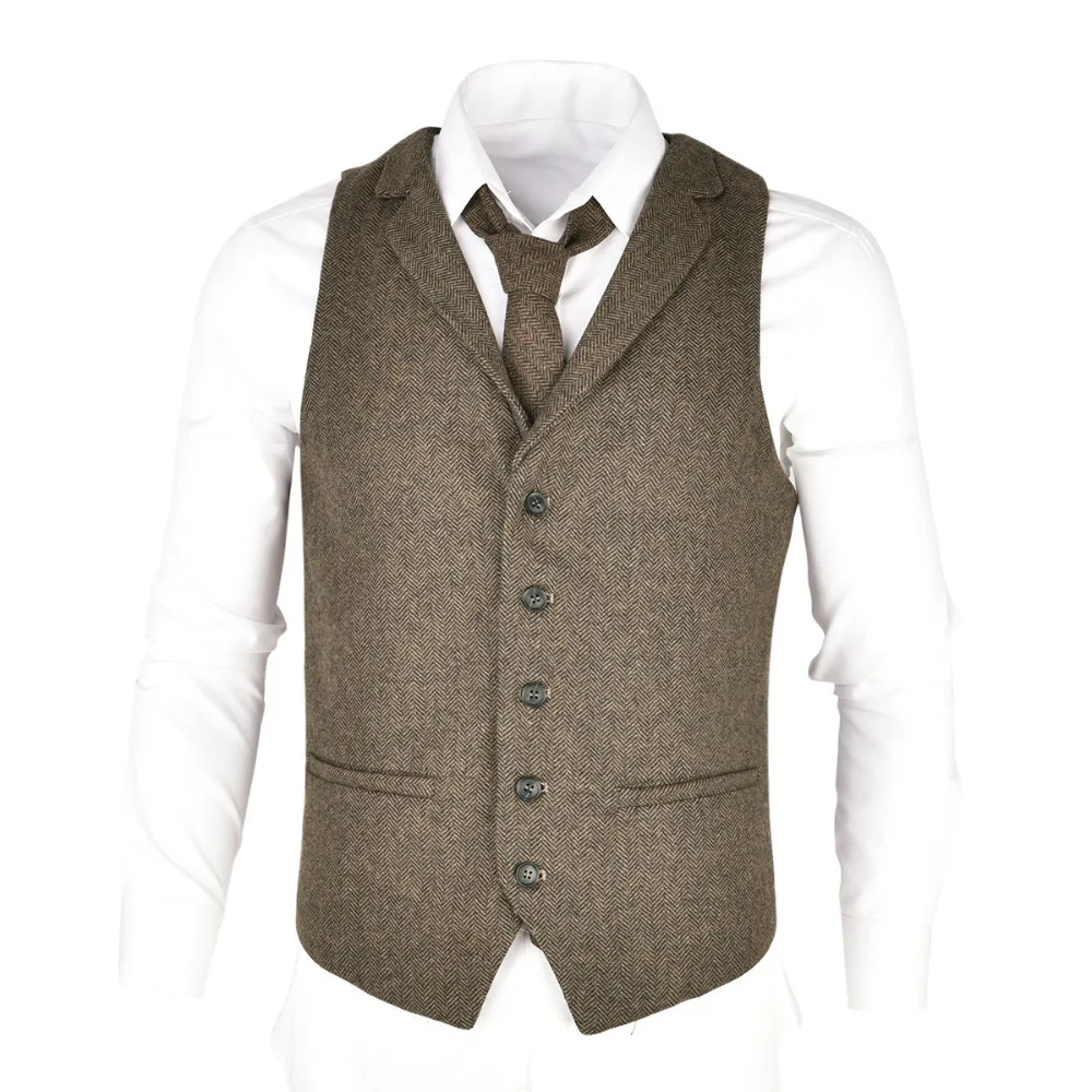 

VOBOOM Woolen Tweed Suit Vest for Men Herringbone Slim Fit Premium Wool Blend Single-breasted Waistcoat 018