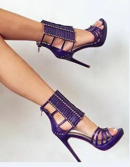 

Free shipping rivets studded high heels sandal boots black/purple narrow band high heels platform sandal peep toe booties