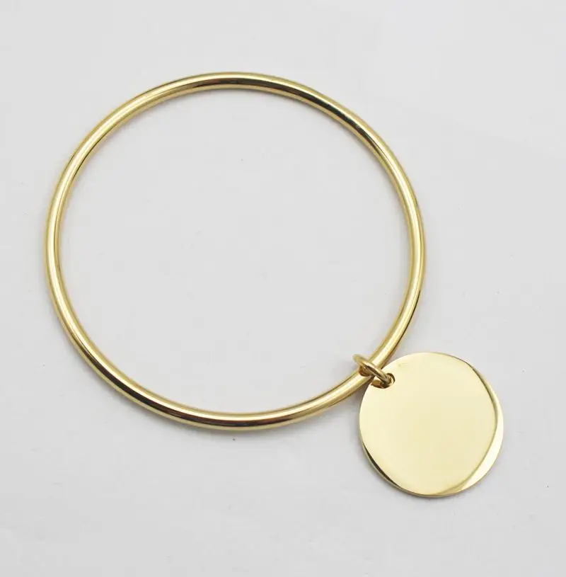 Hot Sale  Gold Color Stainless Steel Simple Round Plain Tag Charm Bangle Bracelet for Women Fashion Jewelry Wholesale