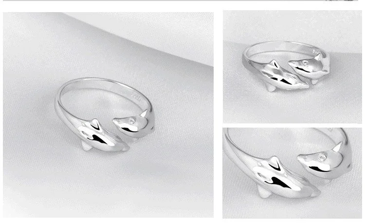 Silver Color  Jewelry Open Happy Double Dolphin Love Rings For Party Women Gift Adjustable Ring Anillos Bague VRS2196