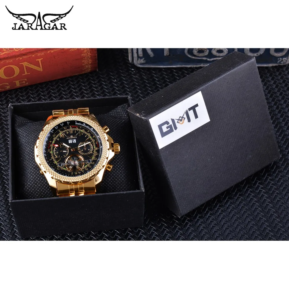 Jaragar Mens Watch Mechanical Golden Black Tourbillon Date Business Fashion Steel Band Sport Watches Automatic Self-Wind Relogio