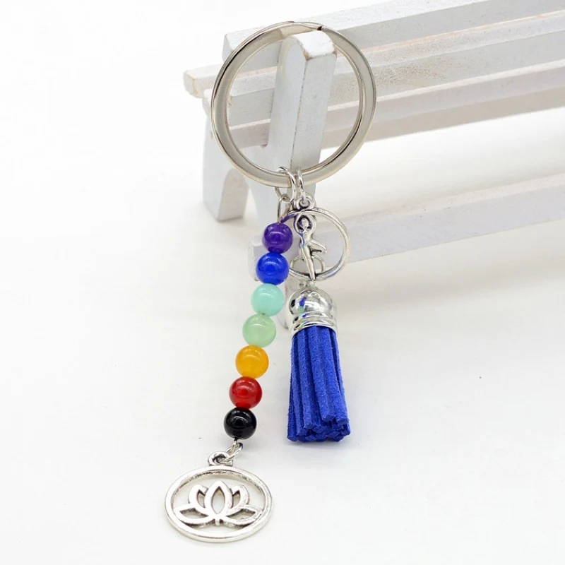 7 Chakras Natural Energy Stone Lotus Flower Yogi Keychain Women Yoga Fitness Aum Key Chain Tassel Trinket On Bags Jewelry Gift