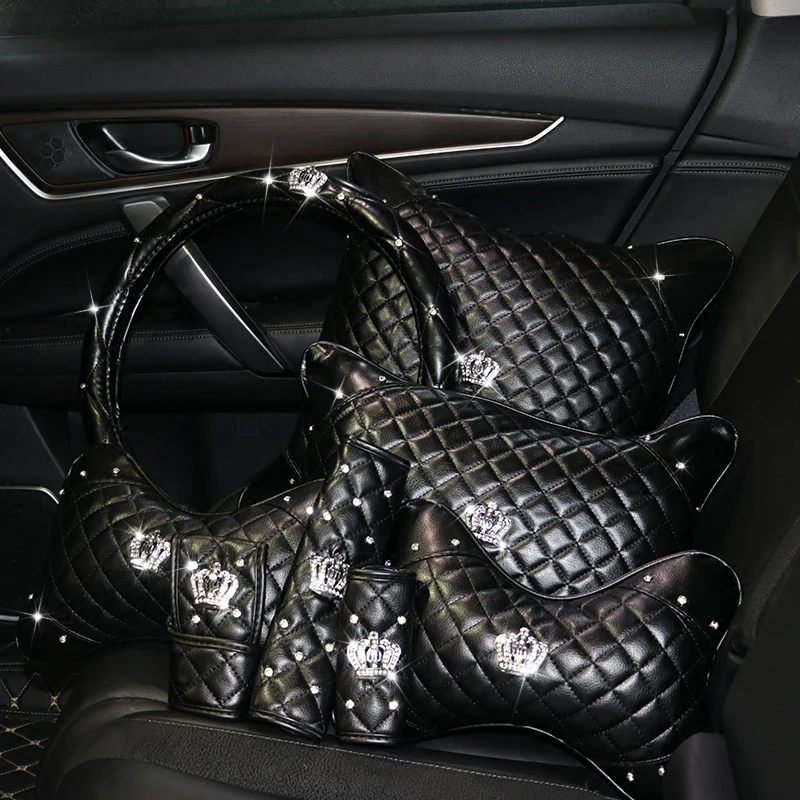 Bling crystal Crown Car key Case Bag High Quality Leather steering wheel cover outlet storage bag Atuo Interior Accessories Set