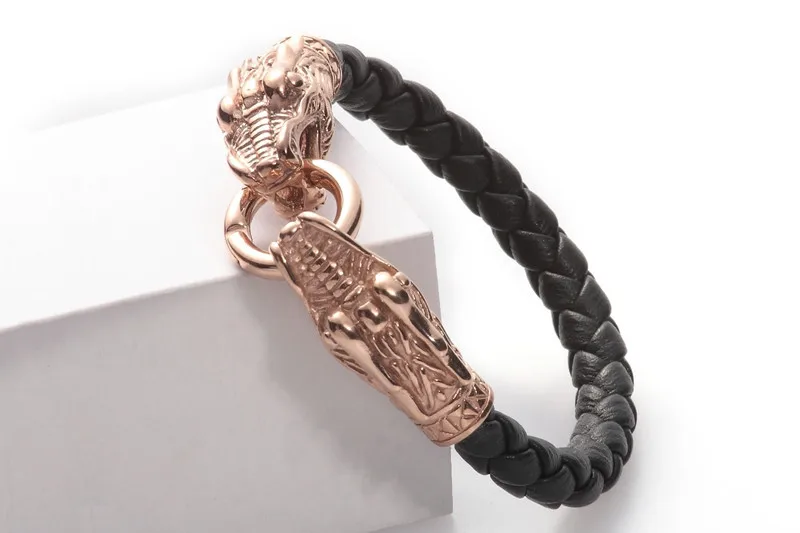 Top quality Genuine Leather Bracelet 316L Stainless Steel Rose Gold Plating Dragon Leather Bangle for Mens Gift AB095