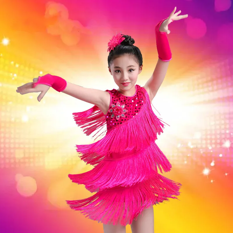 2017 new performance costumes costumes diamond flower tassels girls Latin dance skirt children's game service Latin clothes