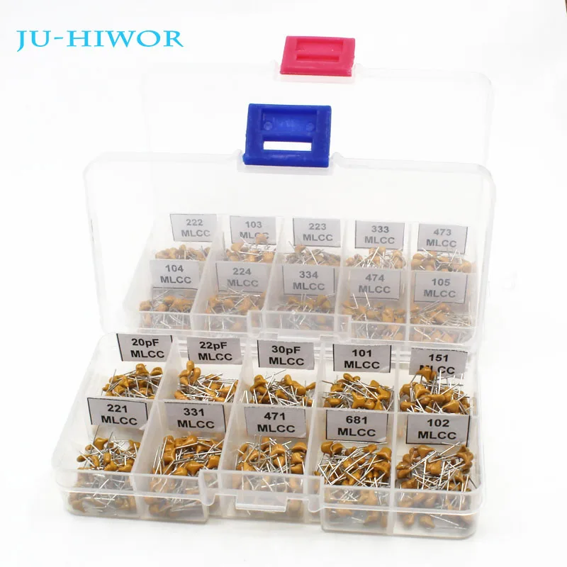 1000pcs 20 Values Ceramic Capacitor 20pf~1uF Assorted kit Leaded Multilayer Monolithic With 2 Platic Boxes 50PCS For Each Value