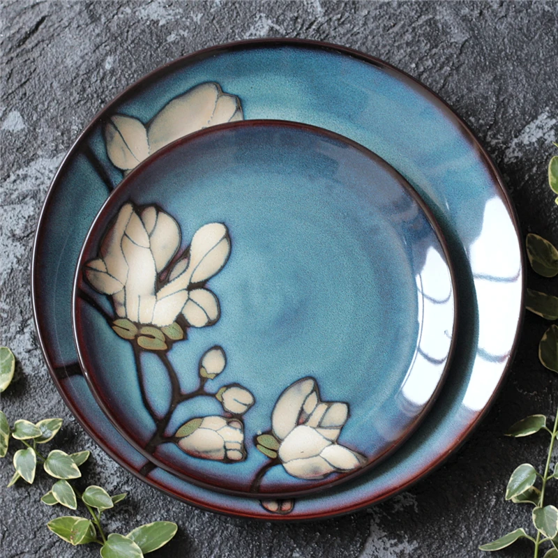 EECAMAIL Home Practical High-end Hand painted Magnolia Ceramic Tableware Kiln Glazed Square Plate Western Steak Plate Fruit Plat