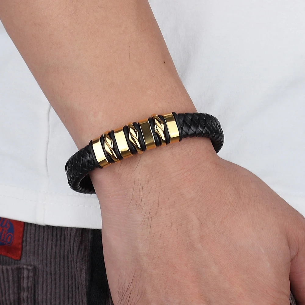 TYO Wholesale Vintage Stainless Steel Charm Bracelet Braided Leather Handmade Bracelets for Men Jewelry 7.5\'\'/8.3\'\'/9.1\'\'