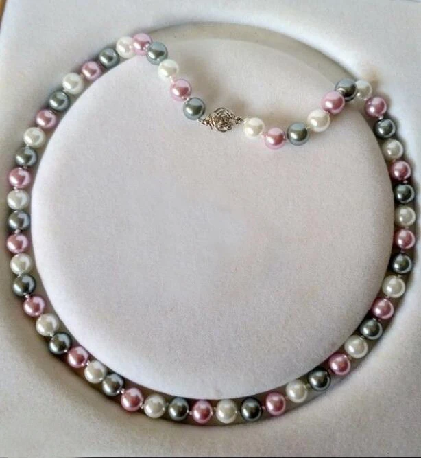 

classic jewelry necklace 8mm round bead white gray purple mixed Natural SOUTH SEA SHELL PEARL Pendant 18inch 45cm
