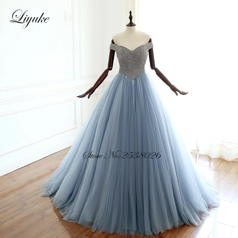 Liyuke Off The Shoulder A-Line Evening Dresses Full Bust Beading Dress With Lace Up Closure