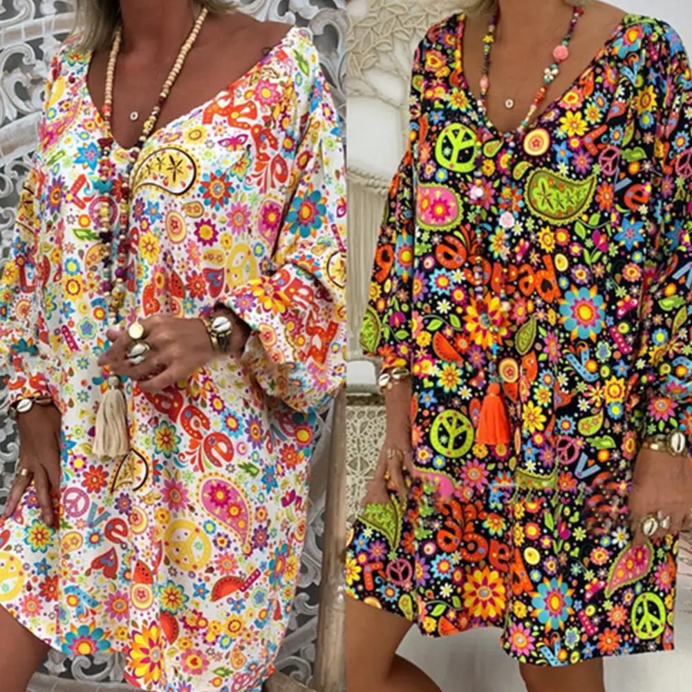 women dresses summer 2021  Multicolor Paisley Print Long Sleeve V Neck Summer Loose Mini Dress vestido de mujer robes for women