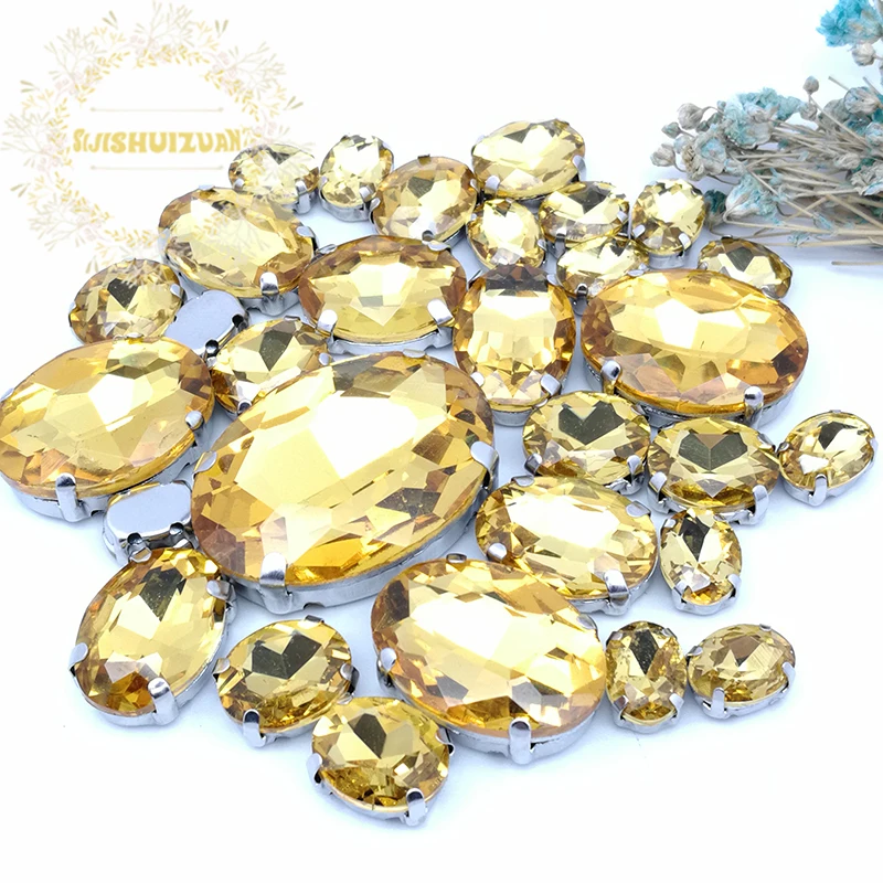 Silver Claw Setting 30pcs/Bag Golden Yellow Oval Shapes Mix Clear Gass Crystal Sew On Rhinestone Wedding Dress Shoes Bag Diy