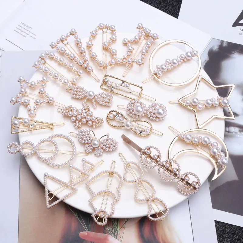 1Pc Fashion Crystal Rhinestones Hairpin Star Triangle Round Shape Women Hair Clips Pearl Barrettes Styling Accessories