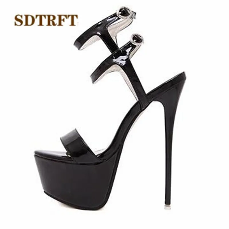 SDTRFT SUMMER sandals ultra high thin heels open toe 16cm sexy shoes woman banquet Ankle strap red black Patent Leather Pumps