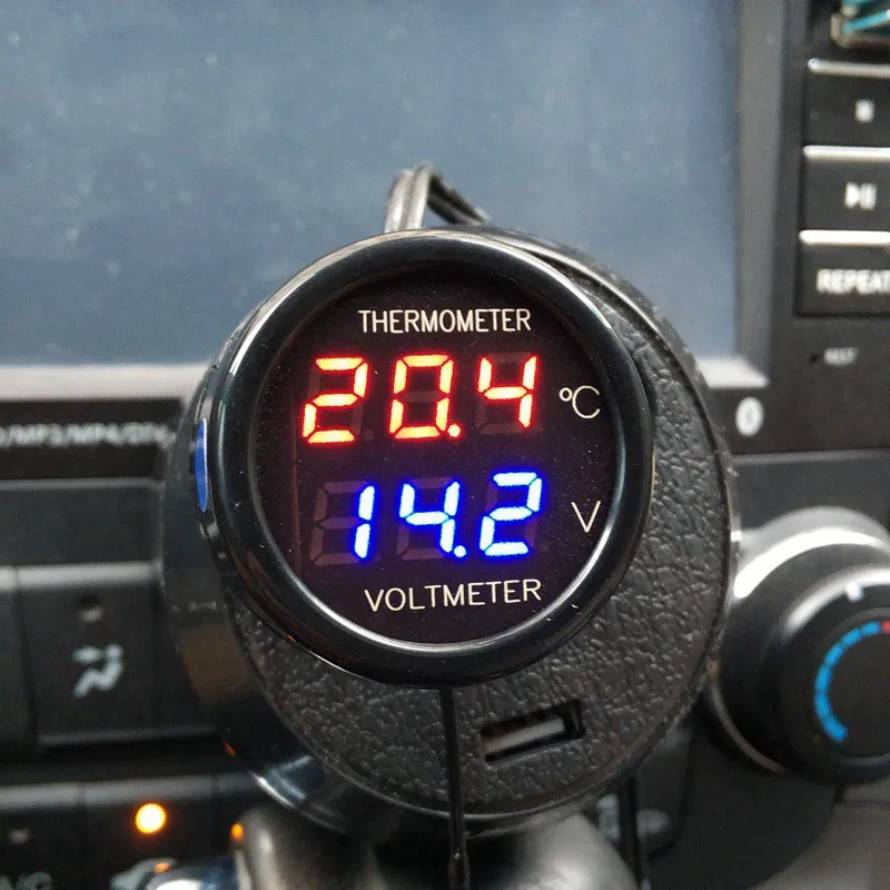 2 In 1 Digital Car Thermometer Voltmeter in the Car 12V/24V Temperature Voltage Detector Meter Monitor with Red Blue LED