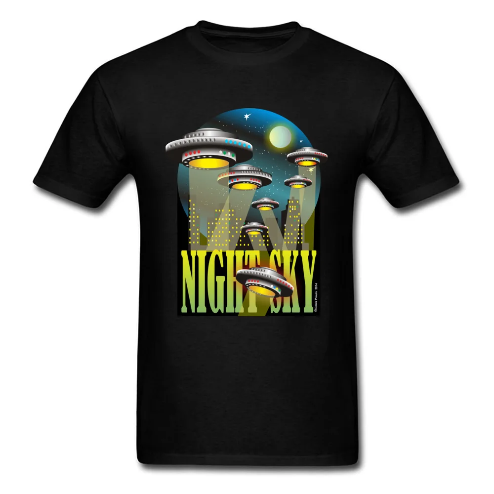 Night Sky UFO 100% Cotton Tops Shirt Men Classic Alien Flying Saucer Tshirts Summer Faddish Round Neck Tops T Shirt