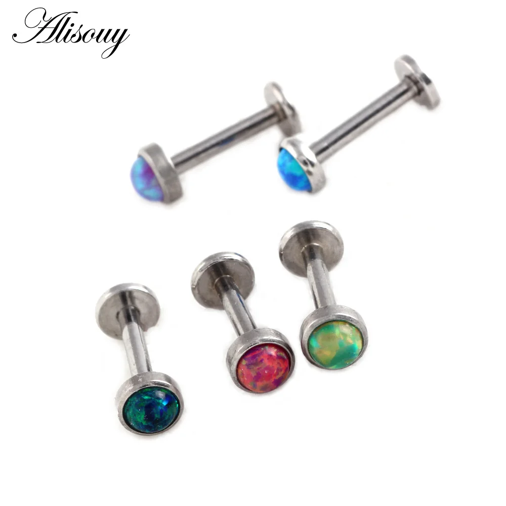 Alisouy 1 Pcs Opal Stone Labret Hiphop Lip Stud Ear Piercing Cartilage Tragus Helix Earring Nose Stud 16g Lip Ring Body Jewelry