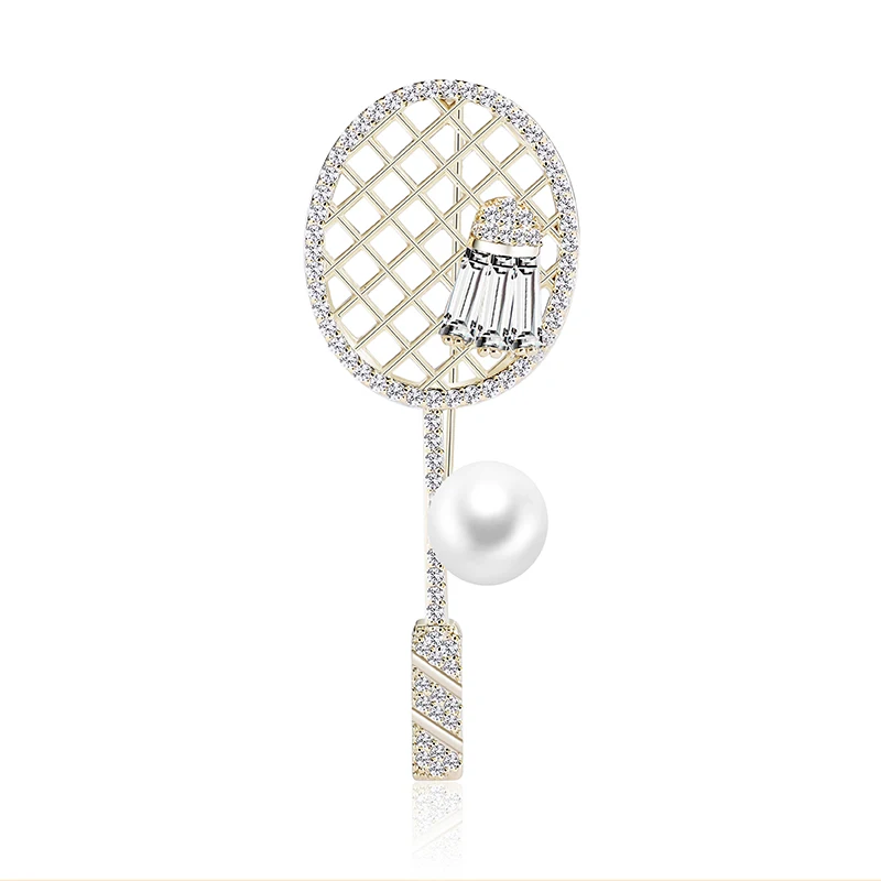 Personality Trend Copper Brooch Sports Badminton Racket Badminton Pearl Copper Zircon Brooch Pin High Quality Jewelry