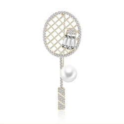 Personality Trend Copper Brooch Sports Badminton Racket Badminton Pearl Copper Zircon Brooch Pin High Quality Jewelry