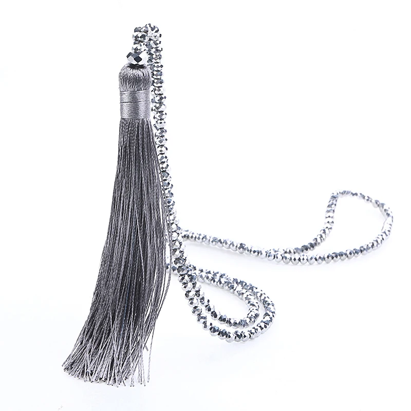 Fashion 14 Colors Long Fringe Silk Tassel Necklace Women Glass Bead Crystal Pendant Necklaces Statement Vintage Bohemian Jewelry